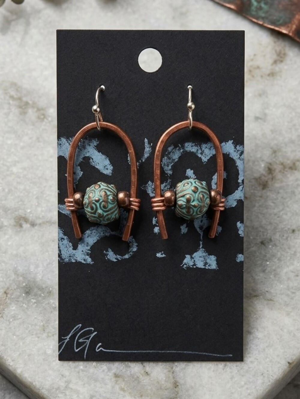 Handcrafted Turquoise Patina Bead Drop Earrings - Copper Accents